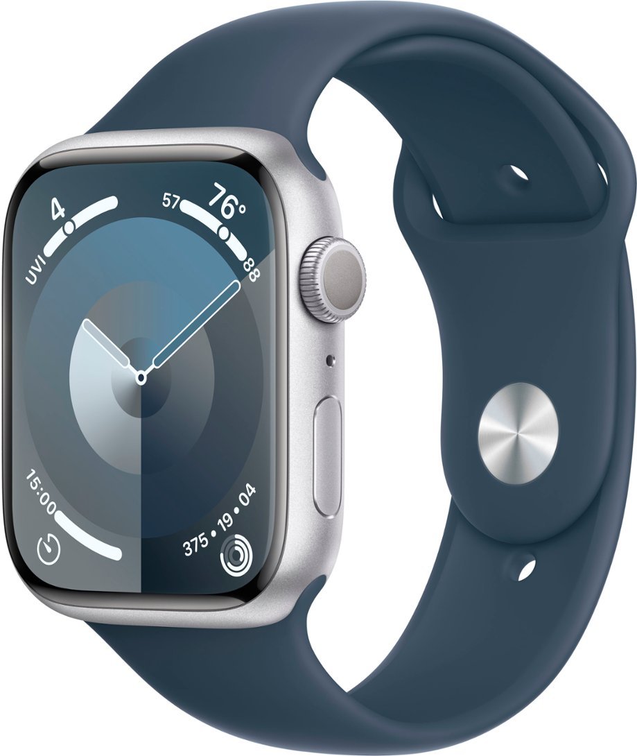Apple Watch Series 9 (GPS) 45mm Silver Aluminum Case with Storm Blue Sport Band - S/M - Silver