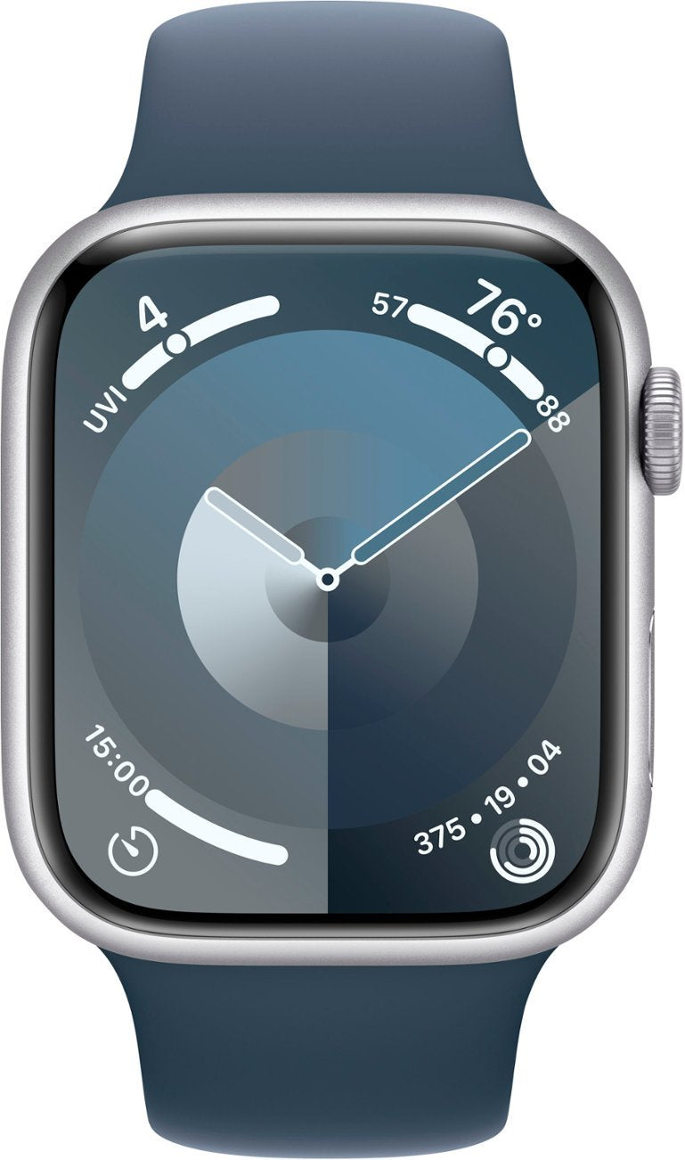 Apple Watch Series 9 (GPS) 45mm Silver Aluminum Case with Storm Blue Sport Band - S/M - Silver